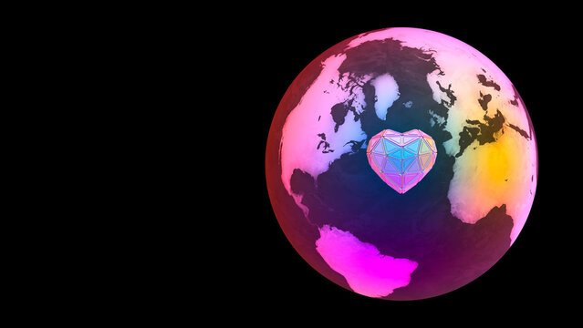 Colorful Earth with heart-shaped diamond in space