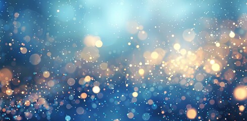 Abstract background with bokeh lights and sparkling particles on a blue gradient