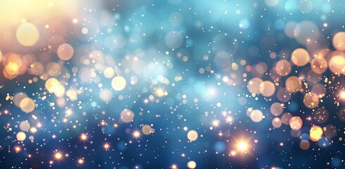 Abstract background with bokeh lights and sparkling particles on a blue gradient