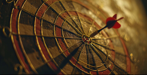bullseye target or dart board has red dart arrow throw hitting the center of a shooting for business targeting and winning goals business concepts.Ai
