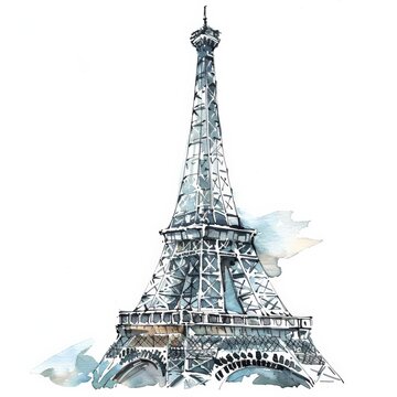Watercolor illustration of the Eiffel Tower with a white background, ideal for travel brochures or Paris-themed designs with space for text