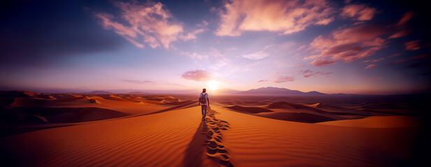 Panoramic image of the desert, rear view of a traveller man walking in the desert among the sand dunes at sunset.