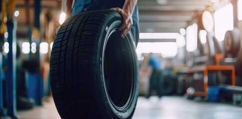 Auto mechanic with a new car tire at the service center, showcasing expertise in vehicle maintenance and tire replacement - AI generated