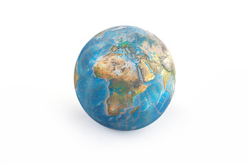 Weathered globe on a white background with ample copy space, ideal for educational and environmental concepts