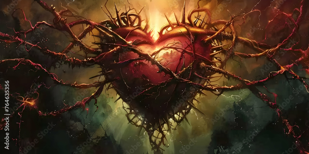 Canvas Prints the heart of jesus christ suffering and painful surrounded by thorns on an abstract painted background, biblical and spiritual religious illustration, sacred scene related to faith and Christianity - Canvas Prints