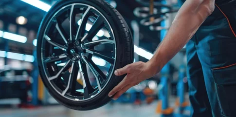 Fotobehang Auto mechanic with a new car tire at the service center, showcasing expertise in vehicle maintenance and tire replacement - AI generated © qntn
