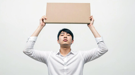 Young Adult Asian Man in White Shirt Holding a Big Empty Cardboard Sheet Above His Head. Image with Copyspace.