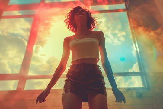 Happy carefree young woman dancing alone having fun at the party, listening to good music, energetic girl moving jumping in modern club interior, freedom lifestyle. Walpaper, poster