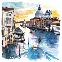 Watercolor illustration of Grand Canal with gondolas and historic buildings in Venice, Italy, suitable for travel-themed designs and Venice-related editorial content - obrazy, fototapety, plakaty