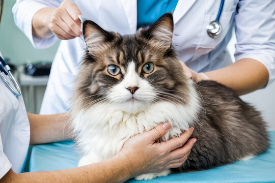 Veterinarian gently holds the affectionate cat in his hands, standing calmly against the backdrop of the procedure table and medical equipment. An ideal image for Veterinarian Day.