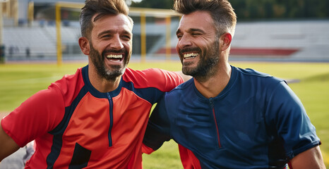 Two friends or a soccer coach with his player together smiling, cheering in the edge of a football ground.