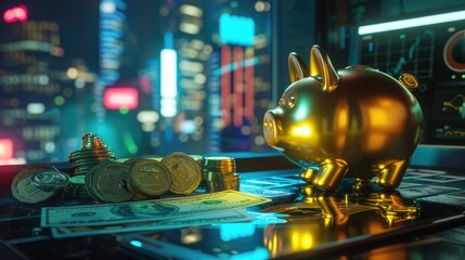 Financial prosperity concept with a digital piggy bank surrounded by money and coins, symbolizing online savings and investments - AI generated