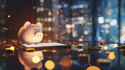 Financial prosperity concept with a digital piggy bank surrounded by money and coins, symbolizing online savings and investments - AI generated