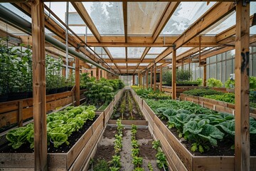 Fototapeta premium indoor vegetable garden in the greenhouse, growing tomatoes and lettuce
