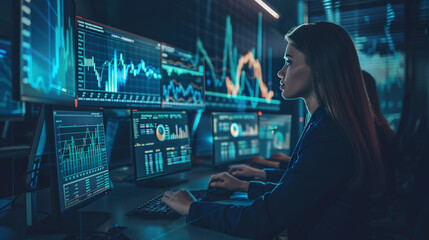 Financial Analyst Working on a Computer with Multi-Monitor Workstation with Real-Time Stocks, Commodities and Exchange Market Charts. Businesswoman at Work in Investment Broker Agency Office.Ai - obrazy, fototapety, plakaty