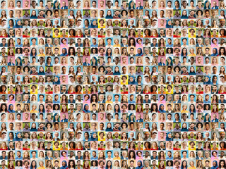 Large collage, portrait of multiracial smiling different business people. A lot of happy modern...