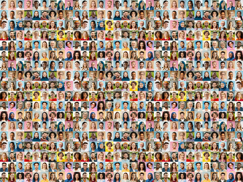 Large collage, portrait of multiracial smiling different business people. A lot of happy modern people faces in mosaic collection. Successful business, team, career, diversity concept 