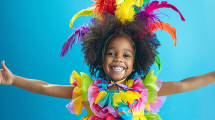 A young black girl dressed in a colorful carnival costume is smiling and posing against a blue background. The little afro boy is wearing an elaborate clown outfit with a large feathered hat. She has - obrazy, fototapety, plakaty