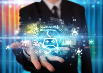 Businessman holding technology icon concept