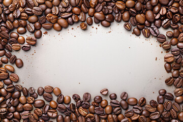Top view of glossy coffee beans forming a border on a light textured surface, leaving space for text or imagery in the center. Ideal background for coffee lovers, cafes, or any coffee-related themes