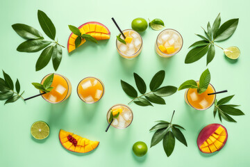 Irresistible mangonada mocktails adorned with mango slices on a vibrant green backdrop, promising a taste of paradise.
