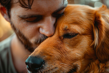 Owner kiss and hugging a dog. Love and affection for pets, friendship companion.