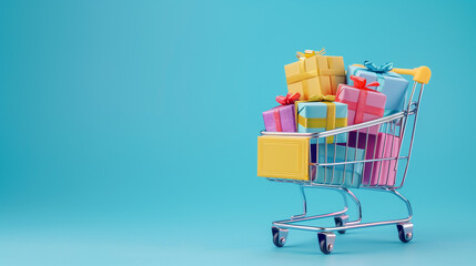 Shopping cart full of colorful gift boxes on blue background , Generative AI	
