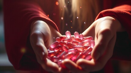 A close-up view of painkillers held in a woman's hand, her abdomen out of focus in the background, depicting the struggle of menstrual pain and cramps, captured in realistic detail with an HD camera - obrazy, fototapety, plakaty