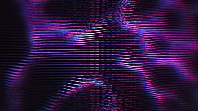 Slow wave motion of dotted surface on black background. Abstract concept of digital data flow, artificial intelligence (AI) and digital sound wave equalizer. 4K looped motion of 3D pink soundwaves