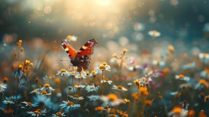 An enchanting Peacock butterfly sits amidst a dreamy spread of wild daisies, with diffused sunlight...