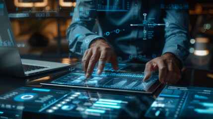 A pair of hands interacts with a futuristic holographic touchscreen display.