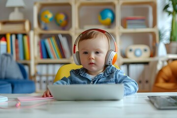 Toddler boy participating in an elearning webinar from a home office using a laptop. Concept Toddler, Boy, Elearning, Webinar, Home Office, Laptop