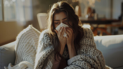 A person is wrapped in a knitted blanket, using a tissue. - obrazy, fototapety, plakaty