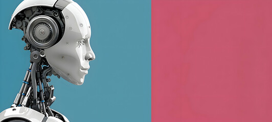 Humanoid Robot AI Portrait for Technology Presentations and Promotions. Space for Copy. Color background.