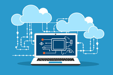 Cloud computing. A digital service or application with data transmission. Network computing technologies. Futuristic Server. Digital space. Data storage. Vector illustration