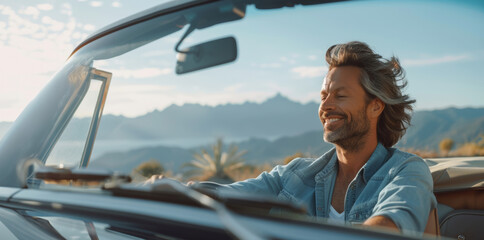 Man enjoying drive in convertible, mountainous backdrop, sunset light, happy, carefree. - obrazy, fototapety, plakaty
