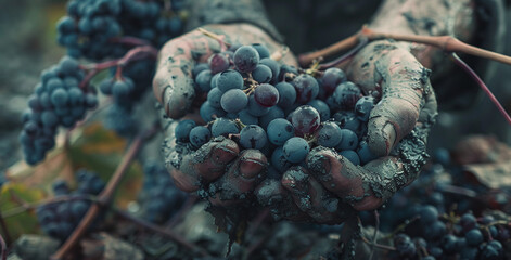 Freshly harvested bunch of ripe black grape in farmers hands. Autumn harvest. Selective focus. Shallow depth of field.
 - obrazy, fototapety, plakaty