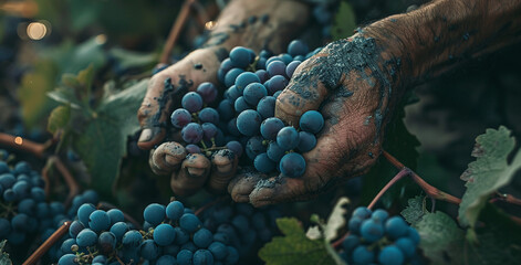 Freshly harvested bunch of ripe black grape in farmers hands. Autumn harvest. Selective focus. Shallow depth of field.
