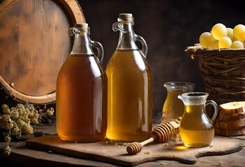 homemade mead (honey wine) on an old table close