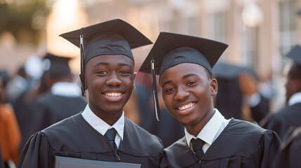  portrait of two happy students of University in black graduation cap and gowns. students in university celebrate academic success. Education, graduation and celebration. - obrazy, fototapety, plakaty