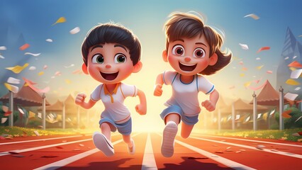 3D cartoon in motion with two girls running to the end of the track