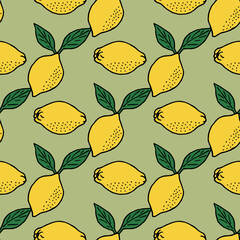 Seamless pattern with lemon on light green background. Vector image.