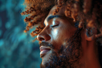 Portrait of a young African American man with his eyes closed. Wellness concept.