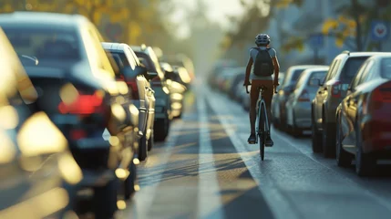 Foto op Aluminium Man on a bicycle calmly passes a long line of cars in full traffic. © Tofig