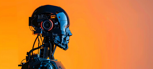 Humanoid Robot AI Portrait for Technology Presentations and Promotions. Space for Copy. Color background.