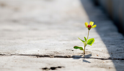 Young Yellow Flower Sprouting from Concrete Crack with Urban Shadow, with Copy Space