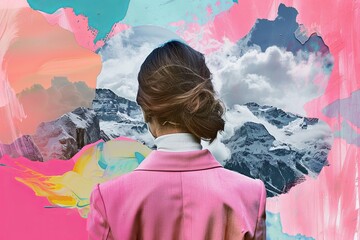 Collage of mountains and clouds, a woman looking through the collage in the style of pink jacket with white turtleneck shirt