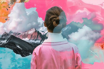 Fototapeta premium Collage of mountains and clouds, a woman looking through the collage in the style of pink jacket with white turtleneck shirt