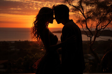 couple kiss during sunset - obrazy, fototapety, plakaty