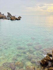 Transparent sea surface, azure sea water, seascape background, heavens reflection